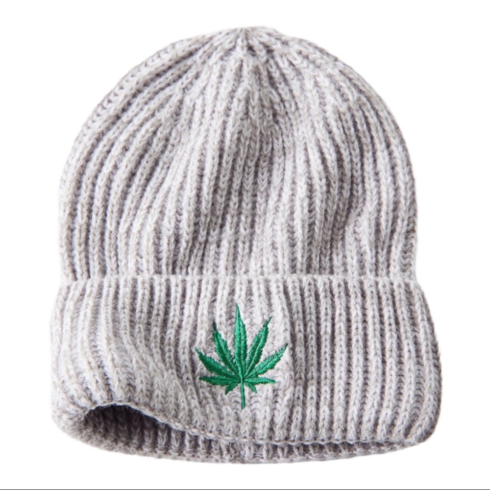 Urban Outfitters Marled rib knit beanie featuring a weed patch icon.
